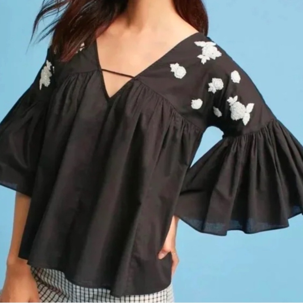 Maeve by Anthropologie Black Floral Embroidered Women's Top